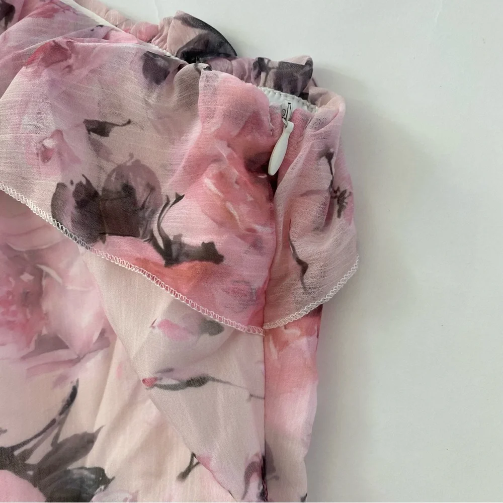 NWOT Pink Floral One Shoulder Ruffle Trim High Waist Flared Mini Dress XS - Picture 9 of 15